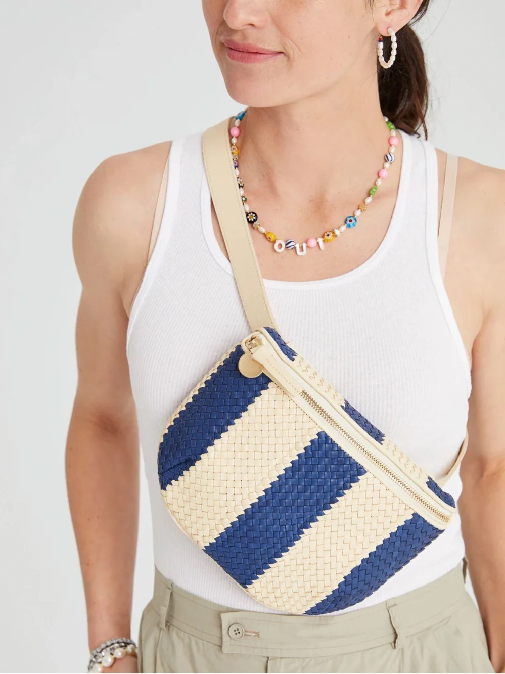 Clare V Woven Stripe Crossbody Belt Bag - Blue & Cream